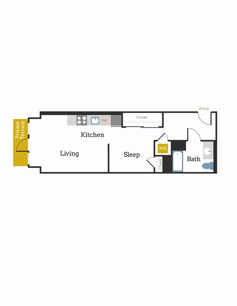 Floor plan for 1 bed, 1 bath, 637 sqft